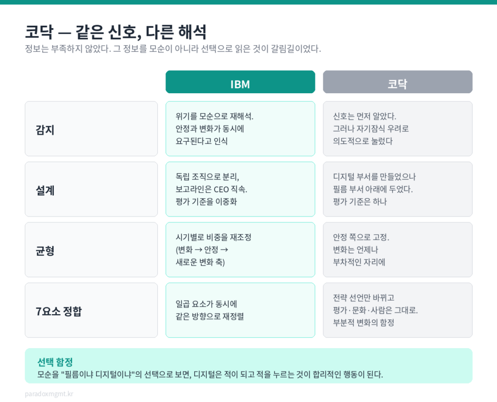IBM과 코닥의 감지·설계·균형 단계별 대비