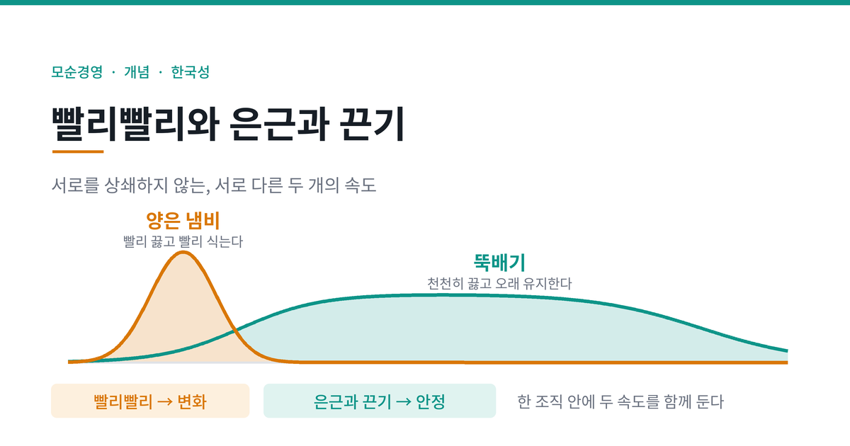 빨리빨리와 은근과 끈기가 변화와 안정의 모순과 만나는 관계를 정리한 도식